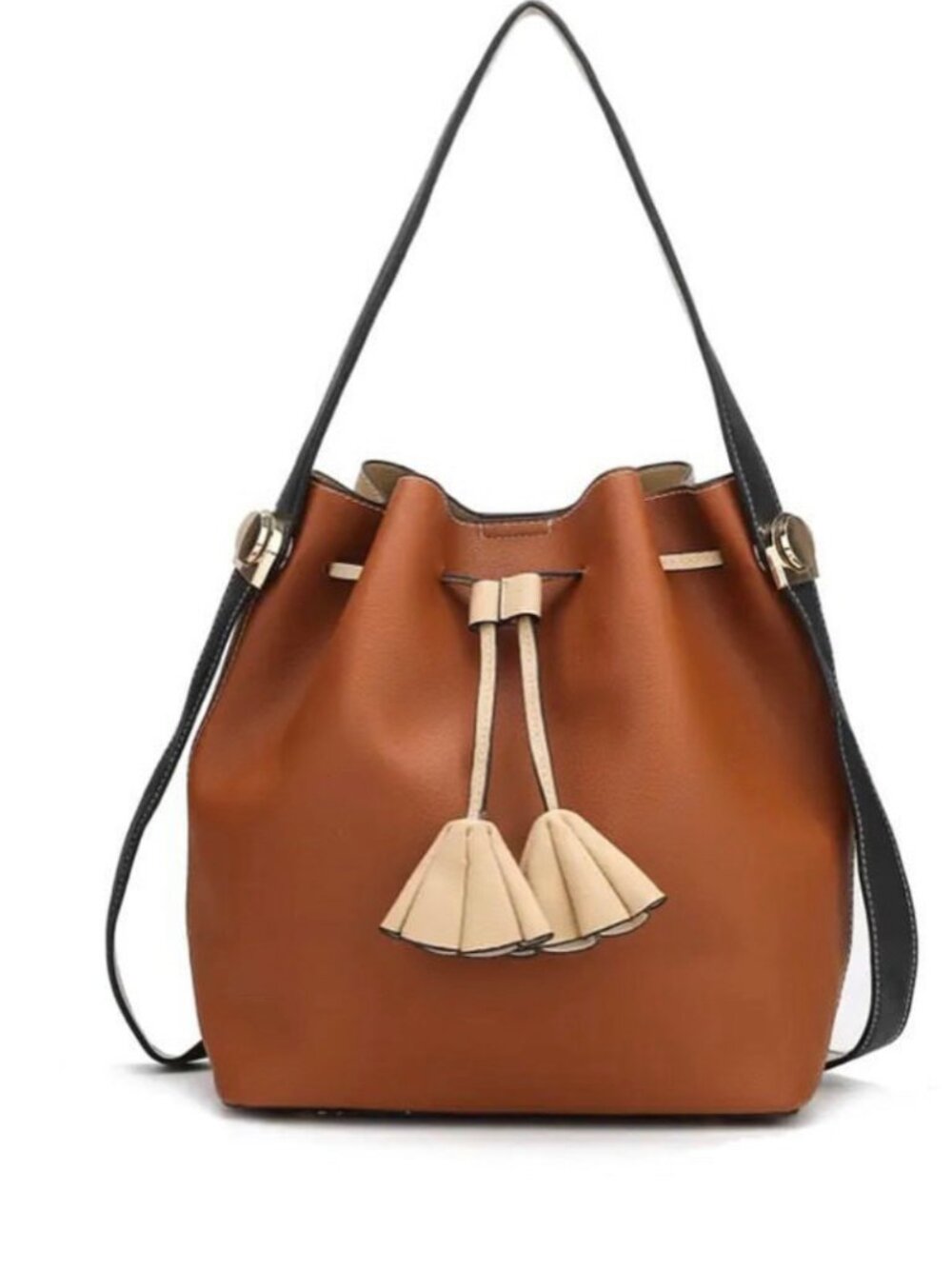Two Tone Brown Bucket Bag Drawstring Tassel Crossb
